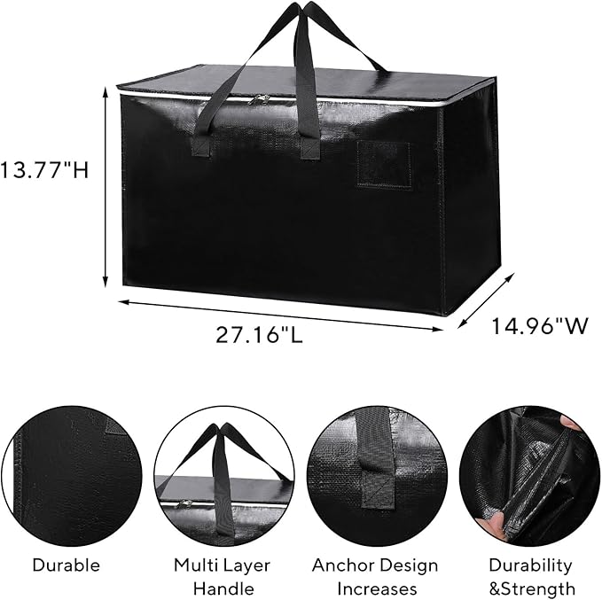 6-Pack Extra-Large Heavy-Duty Moving Bags with Reinforced Handles, Durable Zippers & Waterproof Material — Perfect for Space-Saving, Storage, Shipping and Travel (Black)