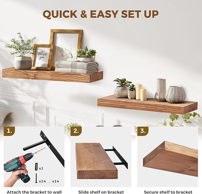 24x8x1.6 inch Floating Shelves Set of 2 – Solid Wood Rustic Oak Wall Mounted Shelf for Kitchen, Bathroom, Living Room