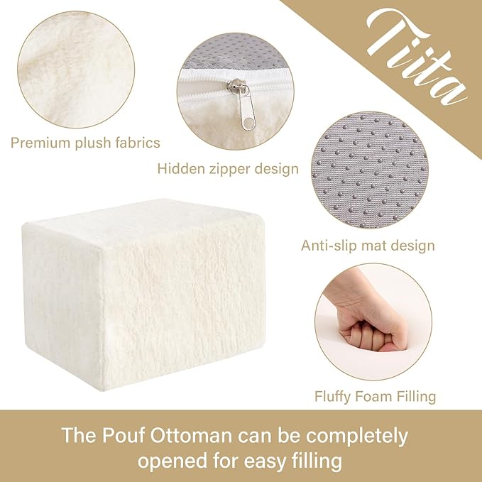 Tiita Square Stuffed Pouf Ottoman, Plush Poufs with Foam Chunk Filling, Foot Rest Stool for Living Room, Cream