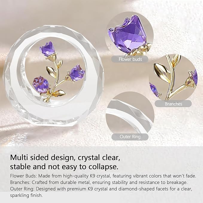 Crystal Flower Figurines,Glass Tulips with Stems,Spring Bouquet Collectible Figurines Home Decor (Purple)