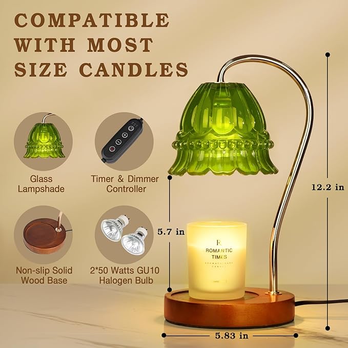 Dimmable Candle Warmer Lamp with Timer, Flower Candle Lamp Warmer for Jar Candle, Womens Gifts Ideas for Mothers Day, Gifts for Mom Unique, Green Home Decor for Bedroom Living Room Decor