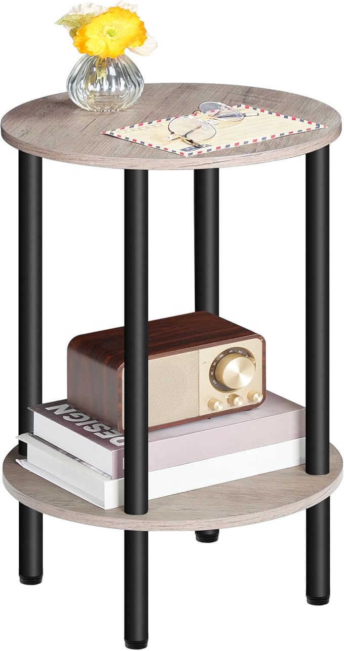 Round Side Table, 2-Tier End Table, Small Round Nightstand with Sturdy Metal Tube, Industrial Small Coffee Table, for Living Room, Bedroom, Greige and Black TBZ01BG