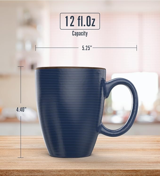 Set of 6 12oz Designer Ribbed Style Colorful Ceramic Coffee Mugs, Coffee Cups Gift Set for Coffee, Tea, Cocoa and More. Dishwasher and Microwave Safe.