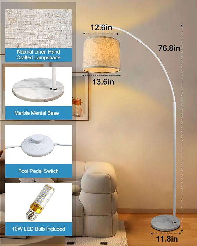 Lightdot Arc Floor Lamps for Living Room, Modern Standing Lamp with Hanging Drum Shade, Tall Standing Floor Lamp with Foot Switch, Over Couch Arched Reading Light for Bedroom, Office (White)