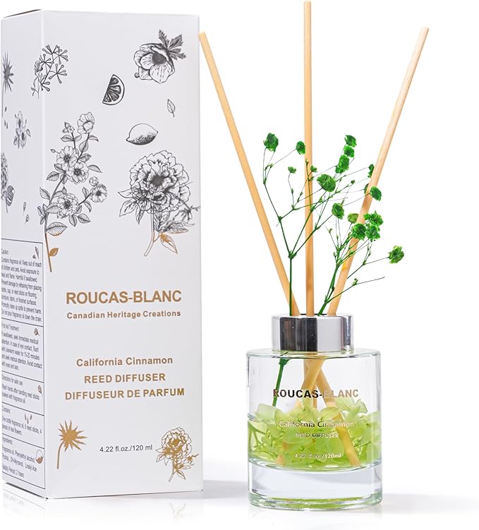 ROUCAS BLANC Reed Diffuser Set with Preserved Flowers, Lemon and Bergamot Scented Diffuser with Sticks, Room Decor & Bathroom Decor, Aromatherapy Home Fragrance Gift Set (California Cinnamon)