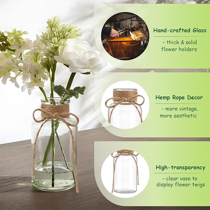 Glass Flower Vases for Centerpieces, 12Pcs Vintage Small Clear Bud Vase for Flowers Mini Crystal Decorative Bottle with Hemp Rope Bows for Housewarming Wedding Birthday Tabletop Decoration