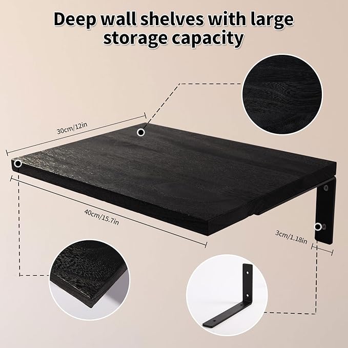 Floating Shelves for Wall,12 Inch Deep Floating Shelf with Brackets,Wood Wall Shelves,Wall Mounted Bookshelf for Living Room,Bedroom,Kitchen,Office,Storage and Display Shelf Set (Black)