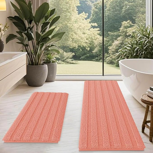 ACCUMTEK Striped Coral Bathroom Rug Mat Set 2 Piece 24"x17"+48"x20" Ultra Soft, Non Slip Chenille Bath Rugs, Absorbent Plush Shaggy Bath Mats for Bathroom, Bedroom, Kitchen, Shower, Tub