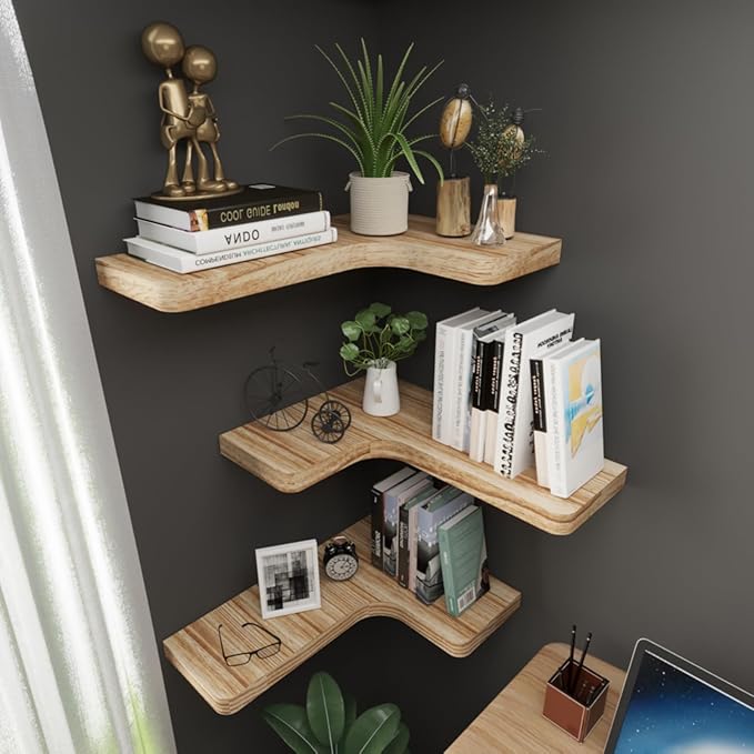 SAUMONIERES Corner Floating Shelves Wall Mount Shelf Solid Wood for Bedroom Bathroom Room Kitchen Storage Set of 3, Rustic Torched, Invisible Brackets