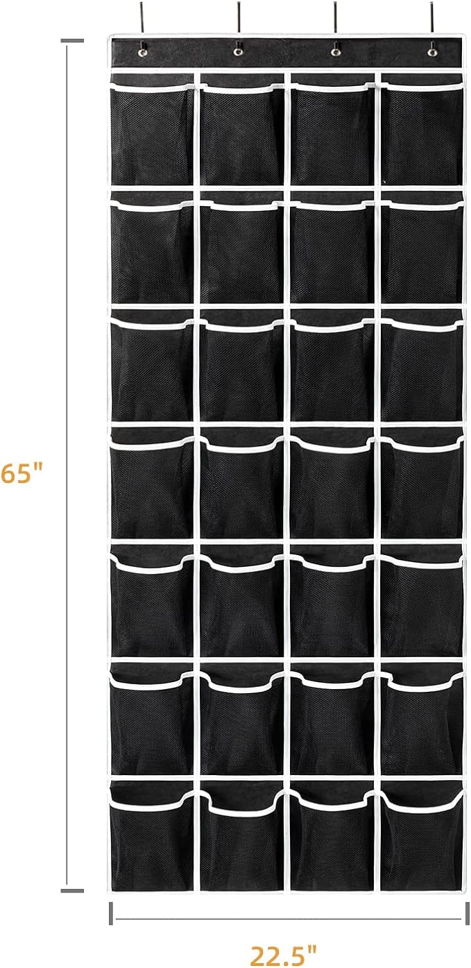 28 Pockets Over the Door Shoe Organzier, Hanging Shoe Organizer for Door Large Capacity Shoe Storage Bag with 4 Metal Hooks (Black-1Pack)