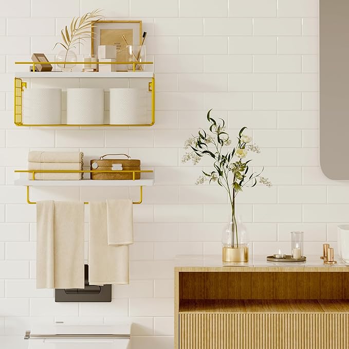 Fixwal 3-Tier Floating Shelves for Wall, Bathroom Shelves with Towel Rack & Wire Storage Basket, Modern White & Gold Shelves, 20 lbs Weight Capacity