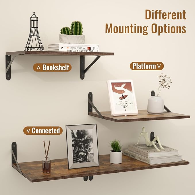 Deep Floating Shelves for Wall, 16W x 12D Wood Wall Shelves Set of 2, Rustic Wood Floating Shelves, Wall Mounted Hanging Shelf for Living Room, Kitchen, Office, Bathroom and Bedroom Decor