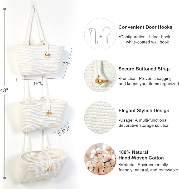 DULLEMELO Hanging Basket with Button Strap 3-Tier Woven Cotton Hanging Wall Baskets for Storage, Boho Wall Decor Hanging Storage Basket with Button Strap, White