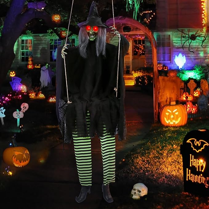 Scary Halloween Decorations Outdoor, Halloween Hanging Swinging Witch with Sound & Slap Activated, Light Up Eyes Creepy Sound Expressions, Large Scary Halloween Decor Props for Indoor Outside
