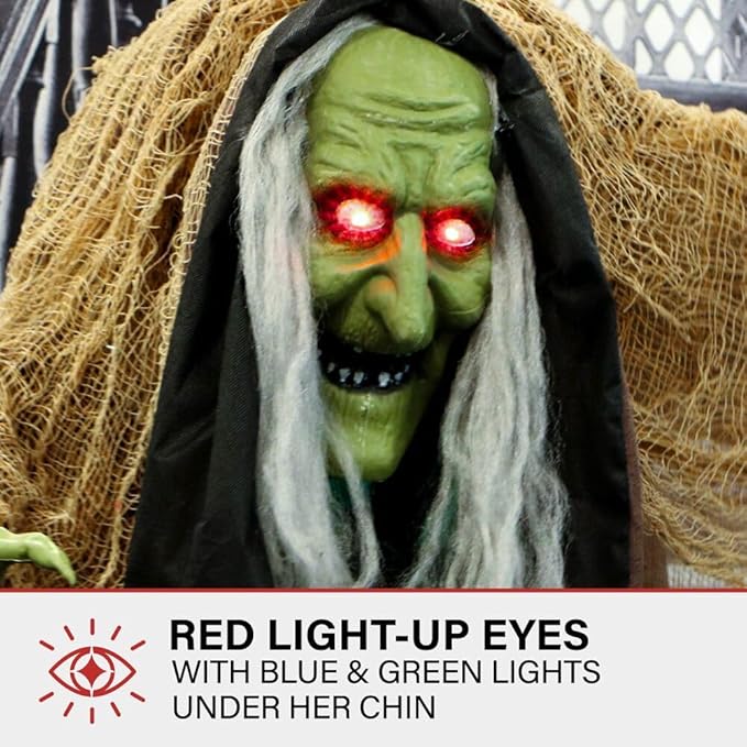 Haunted Hill Farm Talking Hunchback Witch, Halloween Animatronic with Movement and Lights for Battery Operated Scary Indoor or Covered Outdoor Halloween Decorations, Creepy Halloween Prop