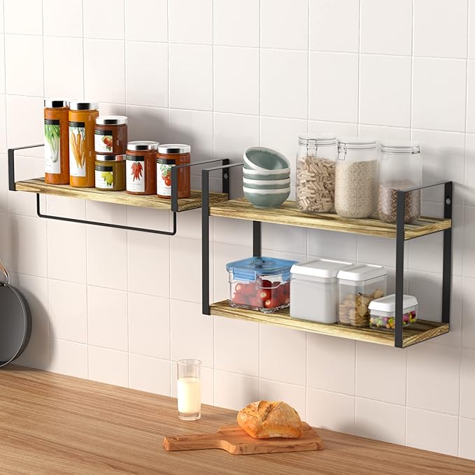 ZGO 2+1 Tier Floating Shelves Wall Mounted Set of 2, Rustic Wood Wall Shelves with Metal Frame Tissue Rack and Towel Bar for Bedroom, Bathroom, Living Room, Kitchen, Storage & Decoration, Wood