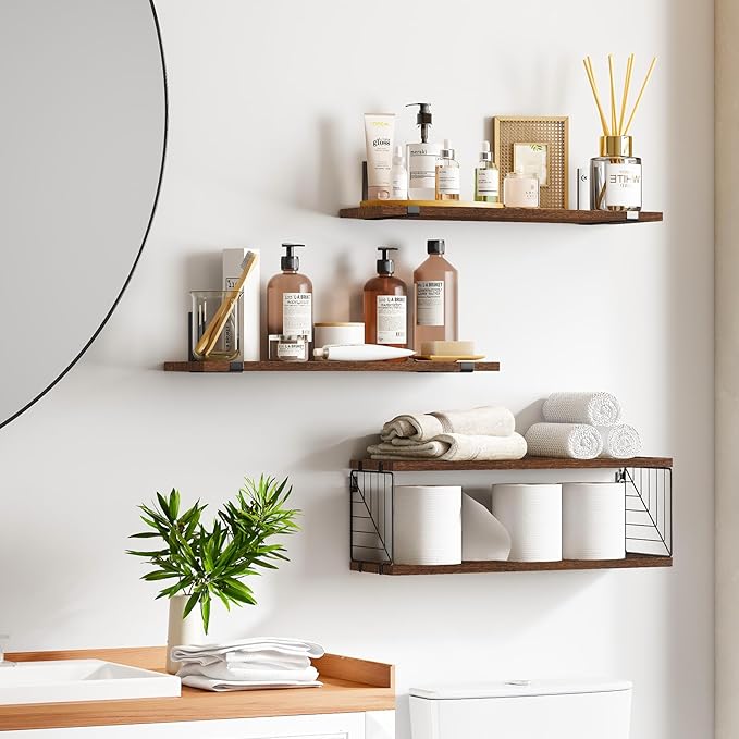 Fixwal 3+1 Tier Bathroom Floating Shelves Over Toilet, 15.8in Farmhouse Rustic Wood Shelves, Wall Decor for Bathroom, Living Room,Bedroom and Kitchen (Dark Brown)