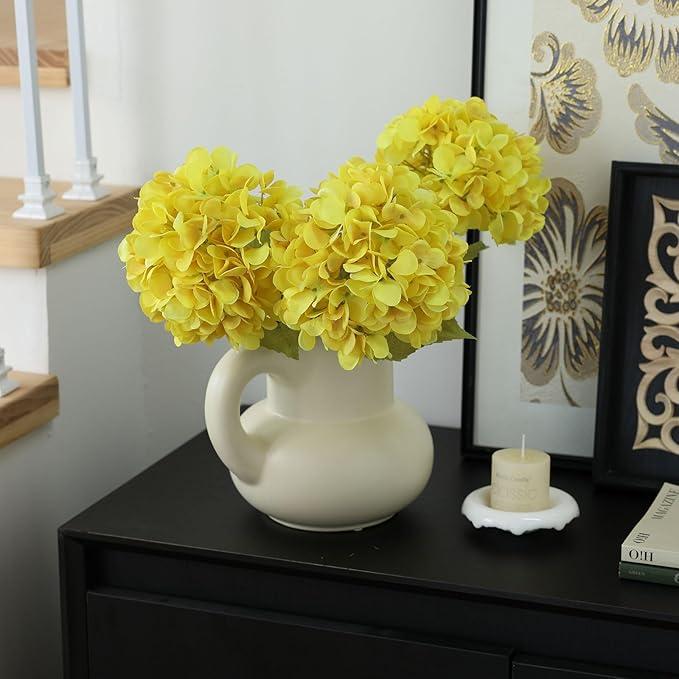 mizii 4Pcs Yellow Artificial Hydrangea Flowers Large Fake Silk Hydrangea Flower with Leaves Stems Realistic Faux Hydrangeas Decorations for Wedding Table Centerpieces Vase Home Decor (Yellow)