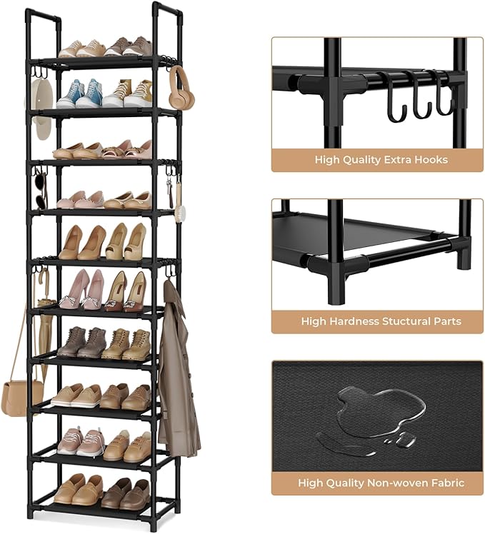 VTRIN 10 Tiers Tall Shoe Rack Holds 20-25 Pairs of Shoes Sturdy Vertical Shoe Organizer with 18pcs Hooks Stackable Narrow Shoe Rack for Closet, Entryway Black