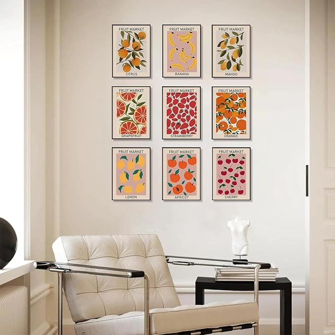 KBKBART Fruit Market Wall Art Print Set of 9, Abstract Colorful Posters, Prints Lemon Orange Banana Strawberry Mango Grapefruit Kitchen Gallery Decor, Canvas Paintings for Dining Room,