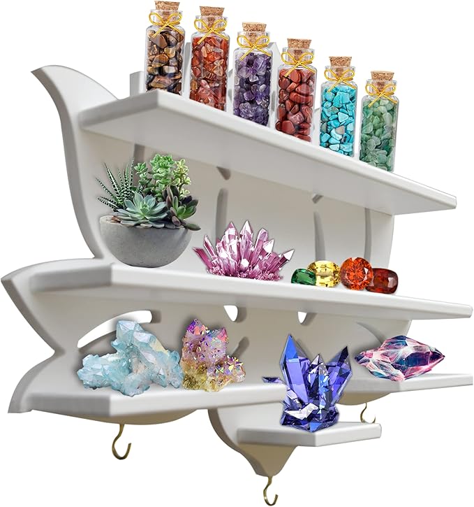 Chakral Wooden Lotus Flower Shelf for Crystals - Floating Crystal Display Shelf & Holder, Wall Decor for Bedroom Aesthetic, Pinewood (White)