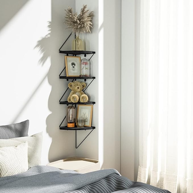 SZQINJI Corner Shelf Wall Mount 4-Tier Rustic Wood Floating Shelves Wall Shelves for Bedroom Living Room Bathroom Kitchen Office Vintage Black