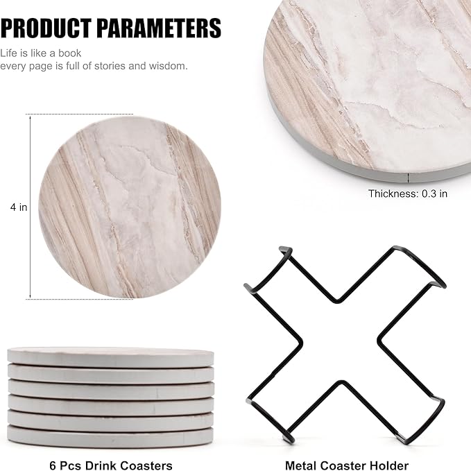 Hoewina 6Pcs Drink Coasters with Holder, Marble Style Ceramic Drink Coaster, Absorbent Coasters Set Suitable for Kinds of Cups, Modern Style Coasters for Coffee Table, 4 Inches(Blue Marble Style)