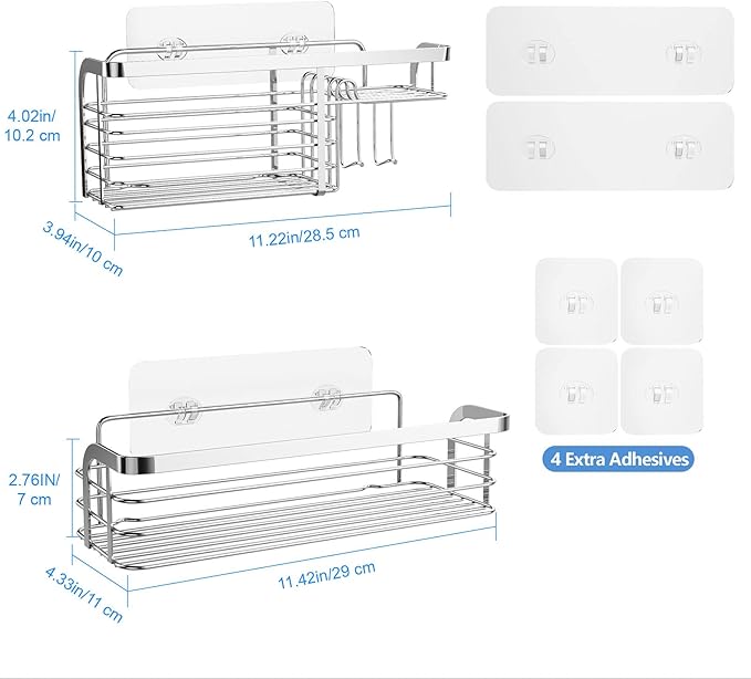 Adhesive Shower Caddy 2 Pack Shower Organizer Shelf, No Drilling Stainless Steel Bathroom Storage Rack for Inside Shower Shampoo Conditioner Holder,Silver (Shower Caddy Sliver)