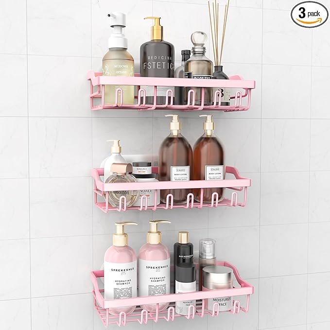 3 Pack Shower Caddy - Adhesive Shower Organizer, Rustproof Stainless Steel Shower Shelves, No Drilling, Large Capacity Shower Rack Shelf for Bathroom, Pink