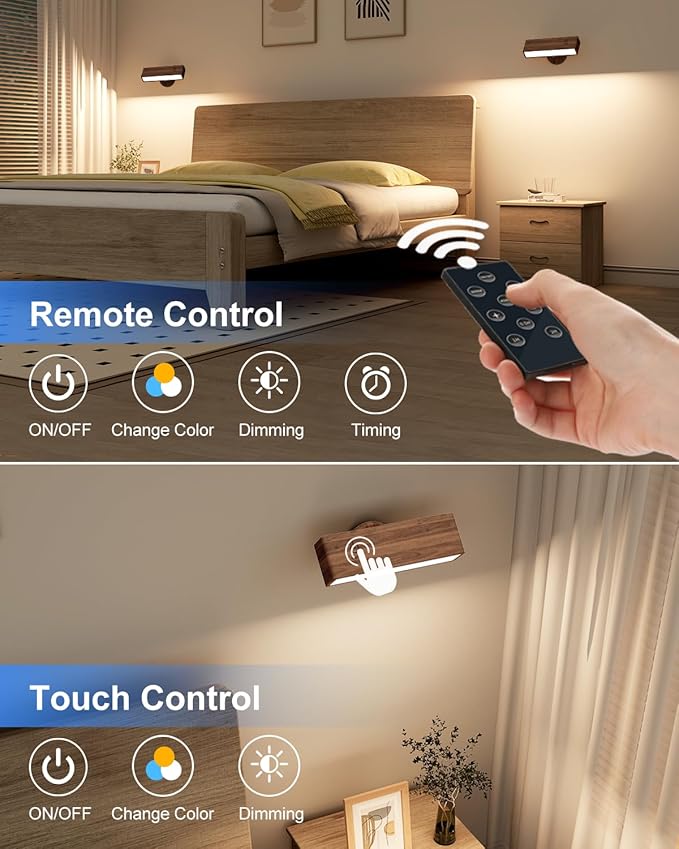 YiLaie Battery Operated Wall Sconce Set of Two,Rechargeable Wall Lights with Remote,Wall Lights for Bedroom Battery Operated, Dimmable Wireless Wall Mount Lamp with 3 Color Temperature for Bedside