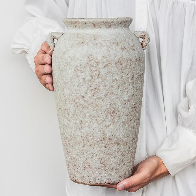 Ceramic Rustic Farmhouse Vase with 2 Handles, 12.2'' Tall Large Vintage Stoneware Clay Decorative Handmade Terracotta Pottery Flower Vase for Home Living Room Decor Table Entryway Grey White