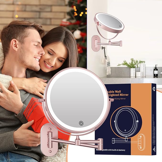 FUNTOUCH Rechargeable Wall Mounted Lighted Makeup Vanity Mirror 8 Inch Double Sided 1X 10X Magnifying Bathroom Mirror, 3 Color Lighting, Touch Dimming, Extended Arm 360° Light up Mirror