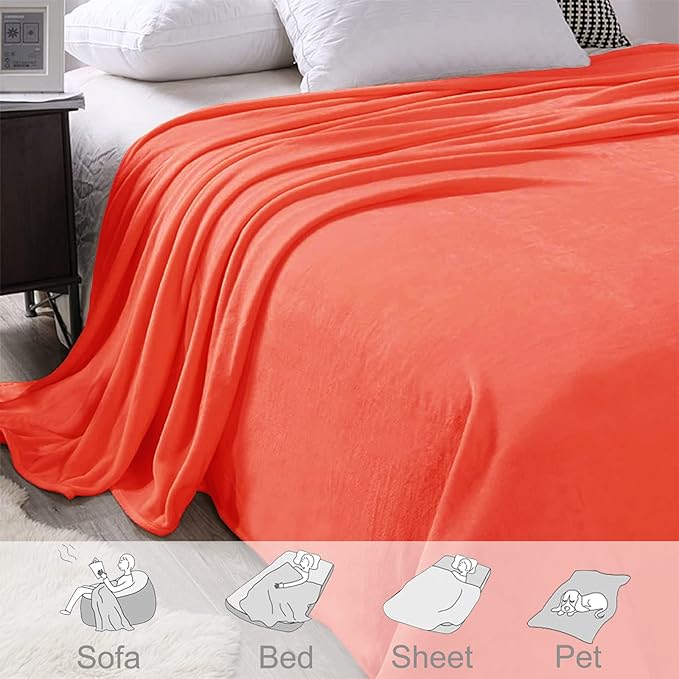 Exclusivo Mezcla Fleece Blanket Twin Size for Bed, Super Soft and Warm, All Season Use, Cozy, Plush, Lightweight, 90x66 Inches, Coral Orange
