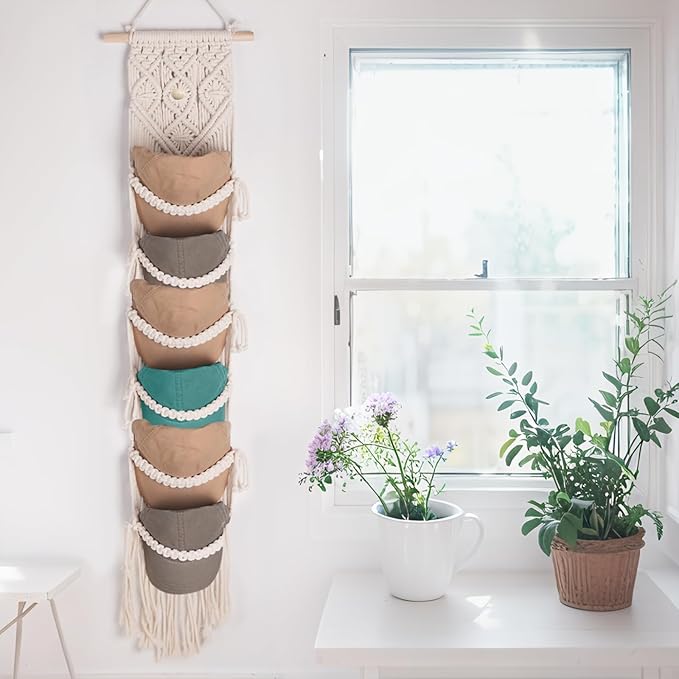 2PCS Macrame Cap Holders Boho Hat Hangers Over Door Ball Cap Rack Organizer Decorative Bohemian Handmade Woven Wall Hanging for Baseball Cap Display Decoration (Ivory, Up to 24 Caps)