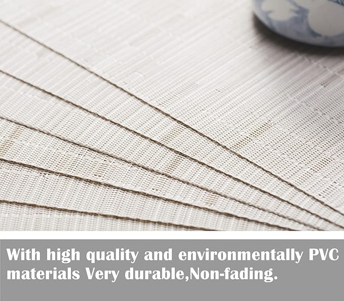 Zupro Placemats Set of 4 Washable Heat-Resistant Non Slip Braided Table Mats Woven PVC Vinyl Kitchen Dining Patio Table Place Mats for Dinner Parties BBQs Indoor and Ourdoor Use.18"x12"(Bamboo-Beige)