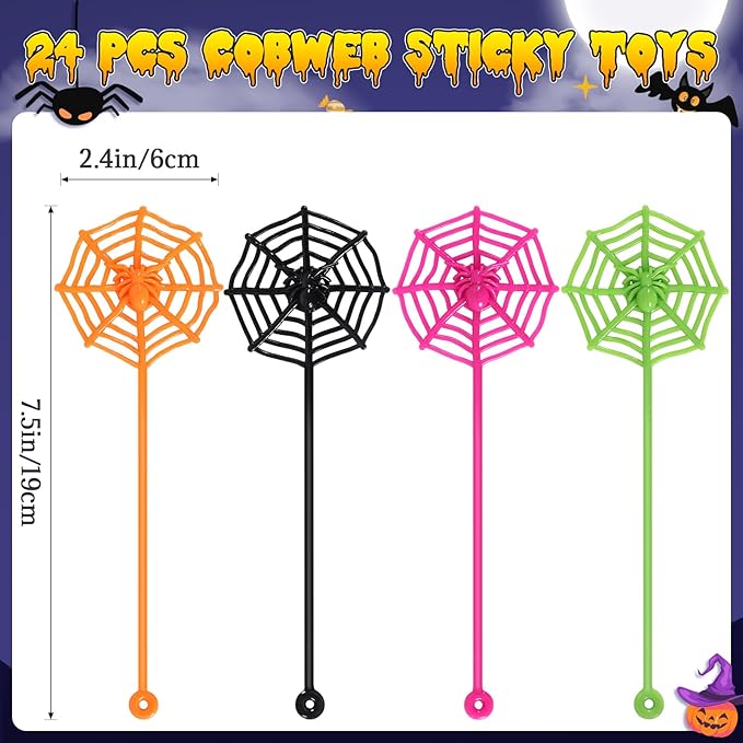 24 PCS Sticky Spider Web for Kids, 7.5 Inches Cobweb Sticky Hand Toys, Halloween Spider Party Favors for Goodie Bag Stuffers, Birthday, Classroom Prizes Supplies (4 Colors)