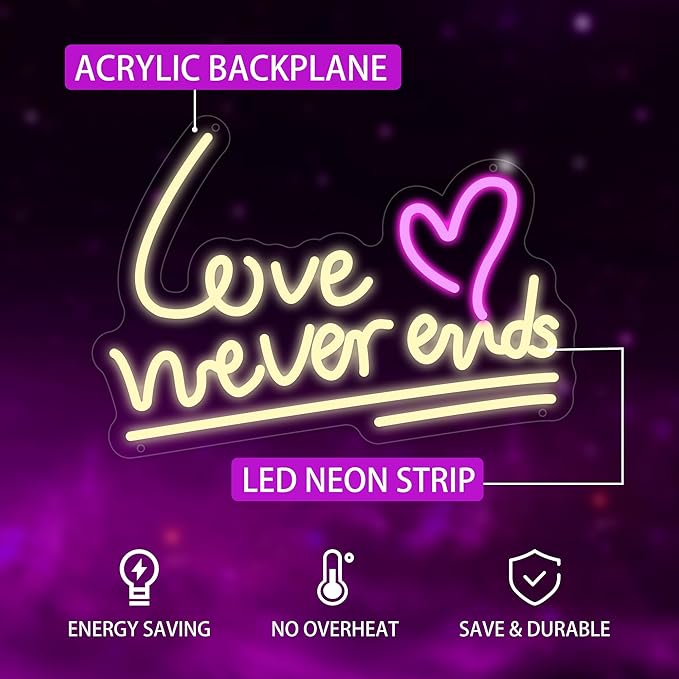 Love Never Ends Neon Sign for Wall Decor, Dimmable Love Led Lights Signs Letters Signs for Wedding, Neon Light Room Decor for Party Birthday Gift Christmas Gift
