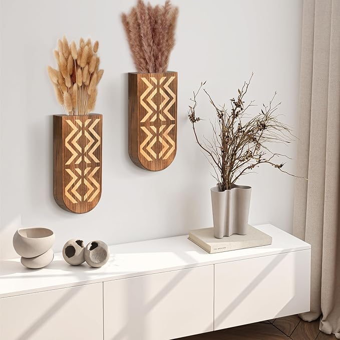 2 Pack Wooden Wall Vase Set, Wall Planter for Indoor Plants, Modern Farmhouse Art with Carving, Boho Wall Decor for Entryway, Hallway, Bathroom, Living Room, Dining Room