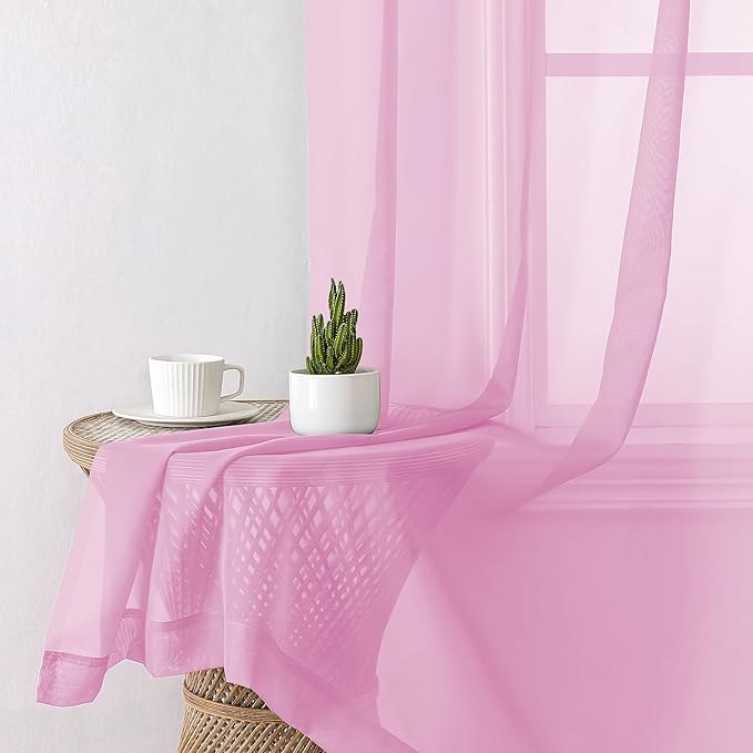 Aiyufeng Pink Sheer Curtains 54 inch Length Living Room Short Voile Drapes Solid Sheers Cafe Curtains Voile Bathroom Small Window Sheers 2 Panels Set, Rod Pocket, 40" Wx54 L