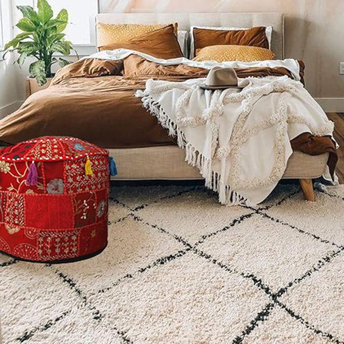 Aakriti Gallery Indian Pouf Footstool Ethnic Embroidered Pouf Cover - Round Ottoman Pouffe - Red, 18x13