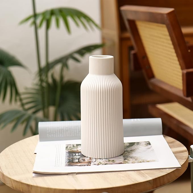 White Ceramic Flower, Pampas Grass Vase - Small Modern Bohemian Centerpiece for Dining Table, Mantel or Shelf Decor