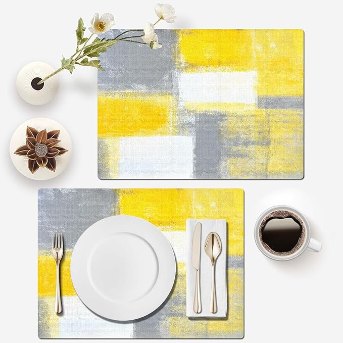 Mcalk Yellow Table Runner and Placemats Set of 6 Pieces, Modern Grey Placemats, Abstract Cloth Place Mats Indoor for Kitchen,Washable Linen Material for Dining Table