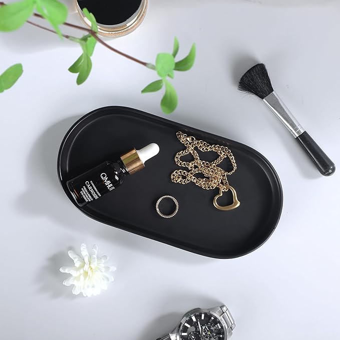 2 Pack Matte Black Round Soap Dispenser Tray - 8'' Ceramic Vanity Tray & Organizer Plate Set, Bathroom & Kitchen Countertop Decor for Soap Dispenser, Jewelry, Cosmetics, Sink