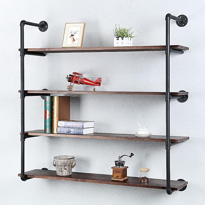 Industrial Pipe Shelving Wall Mounted,48in Rustic Metal Floating Shelves,Steampunk Real Wood Book Shelves,Wall Shelf Unit Bookshelf Hanging Wall Shelves,Farmhouse Kitchen Bar Shelving(4 Tier)
