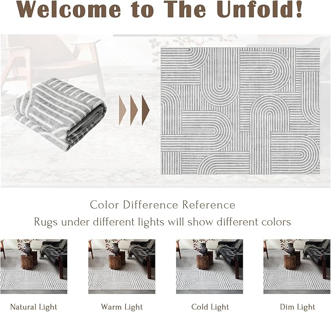 Washable Area Rug 8x10 - Large Grey Boho Rugs for Living Room Soft Abstract Bedroom Rug Ultra-Thin Modern Rainbow Carpet Stain Resistant Rug for Dining Room Nursery Room Home Decor