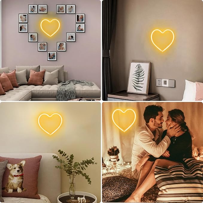 1-Pack Heart Neon Sign, Neon Heart Lights Battery Operated or USB Powered Decoration Lamp, LED Wall Decoration Light for Classroom Bedroom Girl's Room Party Birthday Home Wedding Décor (Warm White)