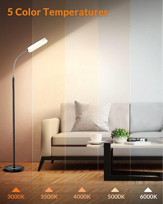 LEPOWER Floor Lamp, Eye-Caring LED Standing Lamp with 5 Color Temperatures, Stepless Dimmer & 3 Timer Function, Bright Adjustable Reading Lamp for Living Room, Office, Bedroom