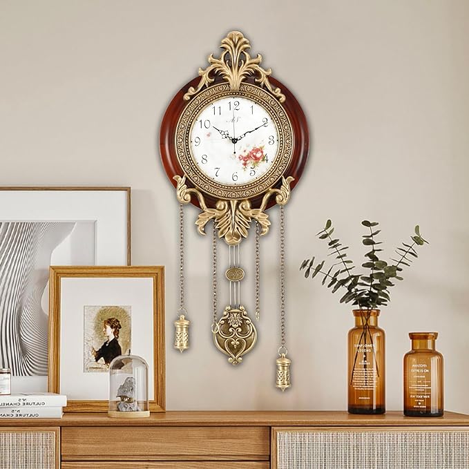 Aero Snail Wall Clock with Swinging Pendulum, Vintage Retro Style, Solid Wood Metal Art Workmanship, Imported Mechanism, Silent Non Ticking for Home Living Bedroom Kitchen, W205C