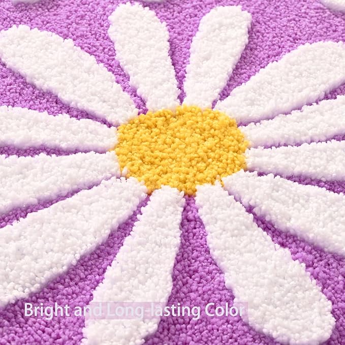 QJHOMO Purple Bathroom Rugs Cute Daisy Bath Mat White and Yellow Flower Decor Rug Non Slip Floor Carpet Microfiber Bathmat Super Absorbent Machine Washable Bathtub Mats for Shower (24x48 inch)