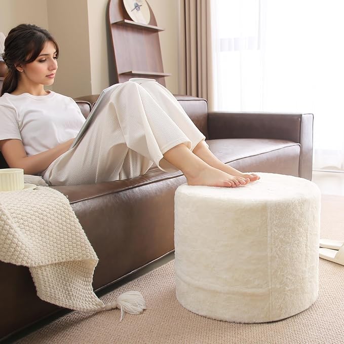 Tiita Round Stuffed Pouf Ottoman, Plush Poufs with Foam Chunk Filling, Foot Rest Stool for Living Room, Cream